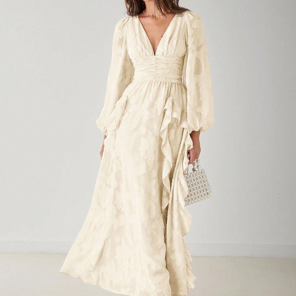 Apricot Elegant Women's Romantic V-Neck Ruffle Long Sleeve Maxi Dress - Picture 6 of 8